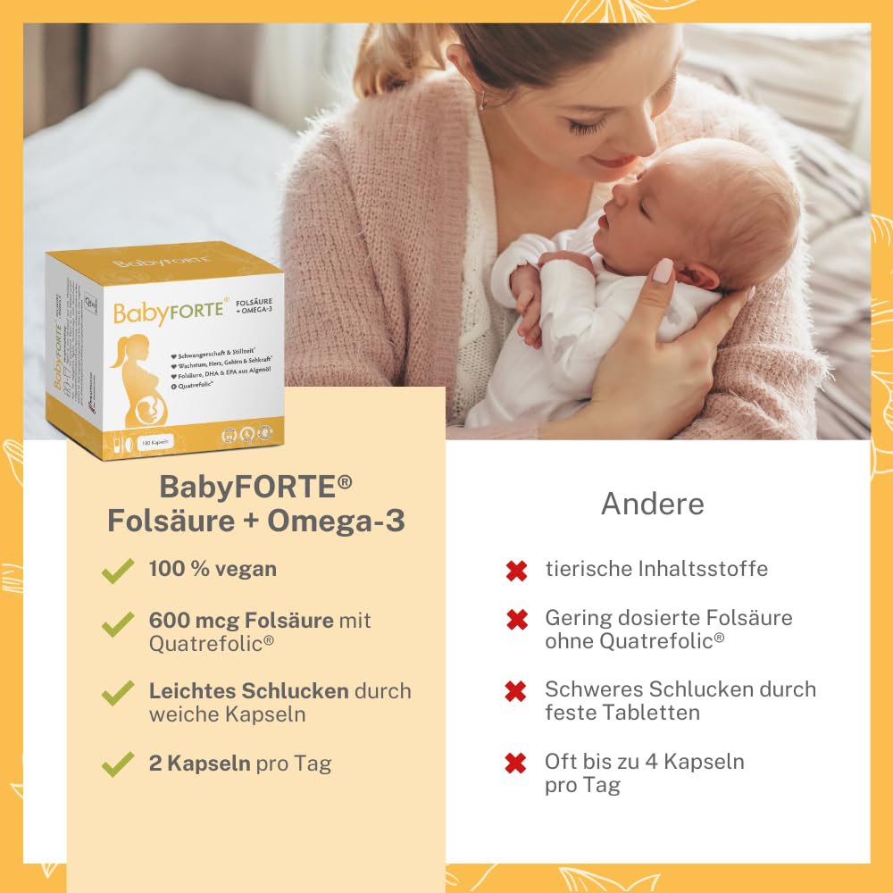 BabyFORTE Pregnancy Vitamins | 180 vegan capsules with folic acid, DHA, EPA, iodine & Co.