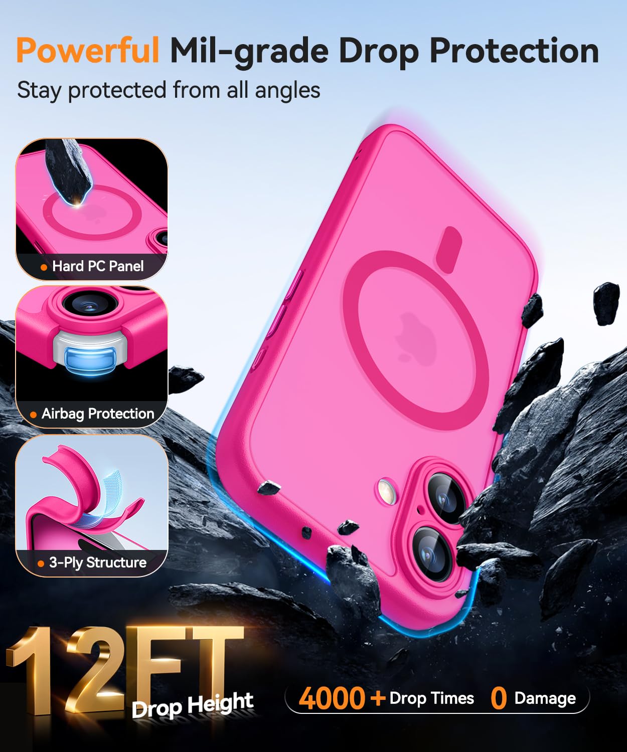 iPhone 16 Case with Camera Protection for Magsafe: Shockproof, Bright Pink