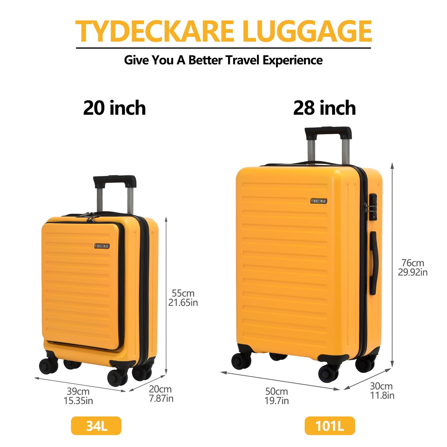 TYDECKARE hard-shell travel suitcase set (2 pieces) with front opening, TSA lock | Orange