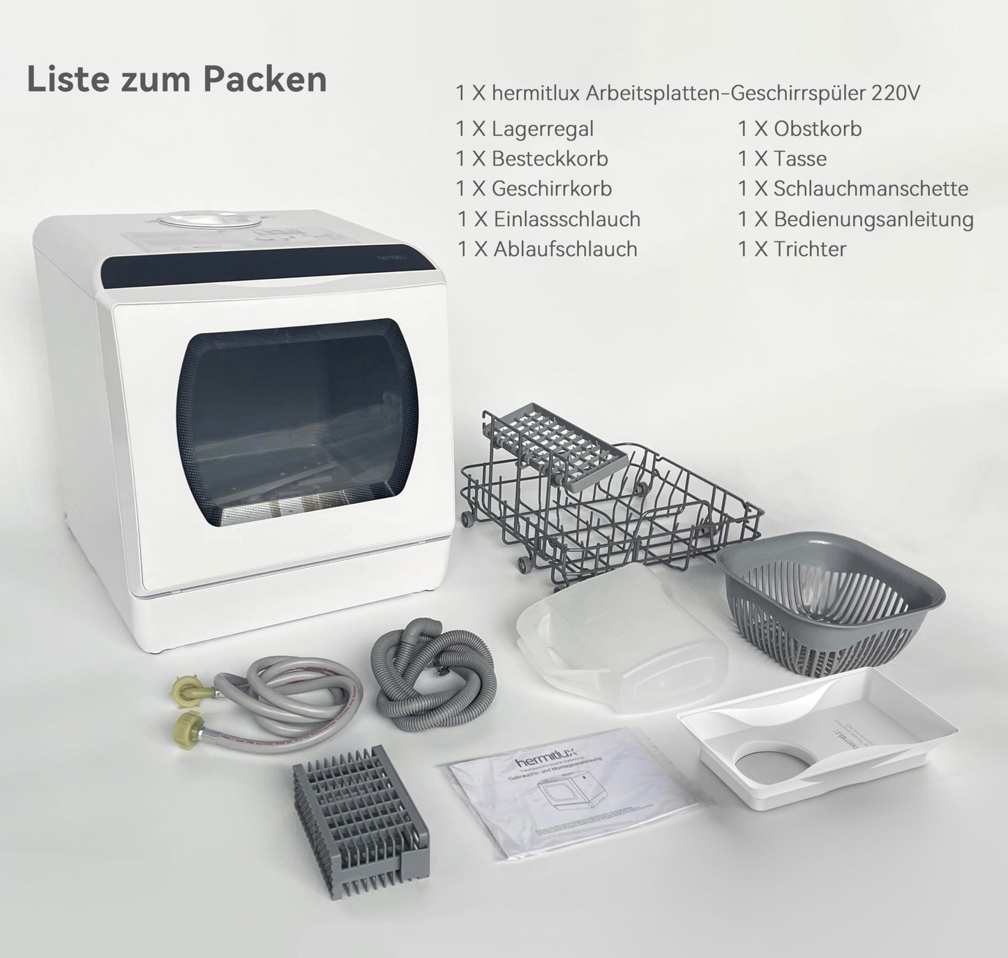 Hermitlux mini dishwasher for 4 sets of cutlery, 5 litre water tank, 6 programmes