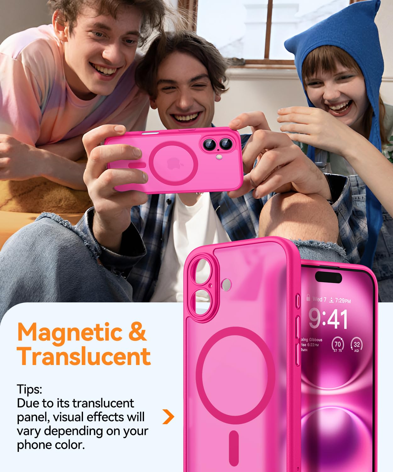 iPhone 16 Case with Camera Protection for Magsafe: Shockproof, Bright Pink