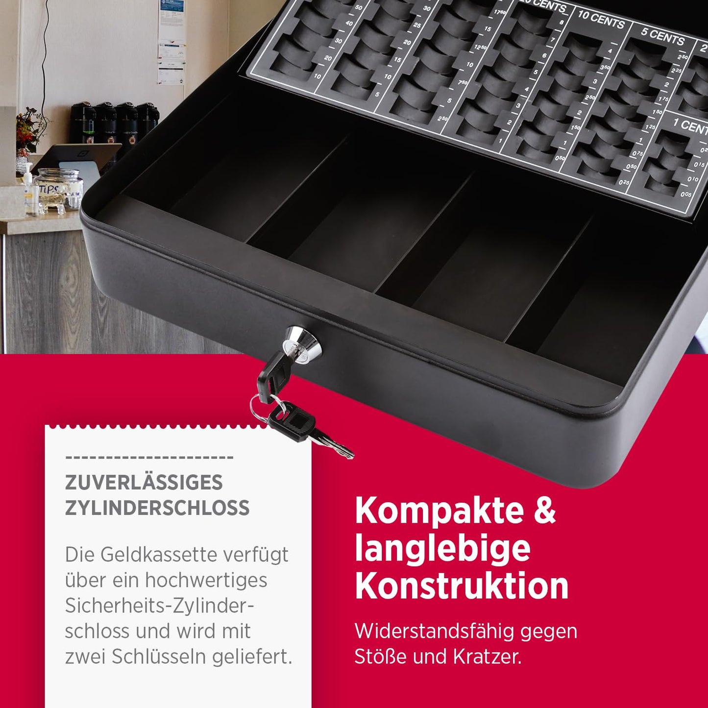Olympia (6031 CB 770 Plus) cashbox: Lockable with key & coin counting board including counterfeit detector