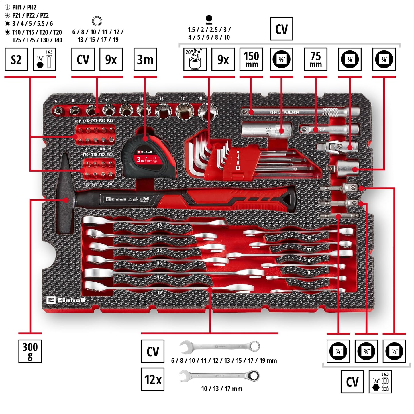 Original Einhell E-CASE 80-tlg. Werkzeugkoffer (Werkzeug-Set für die Werkstatt oder zu Hause))