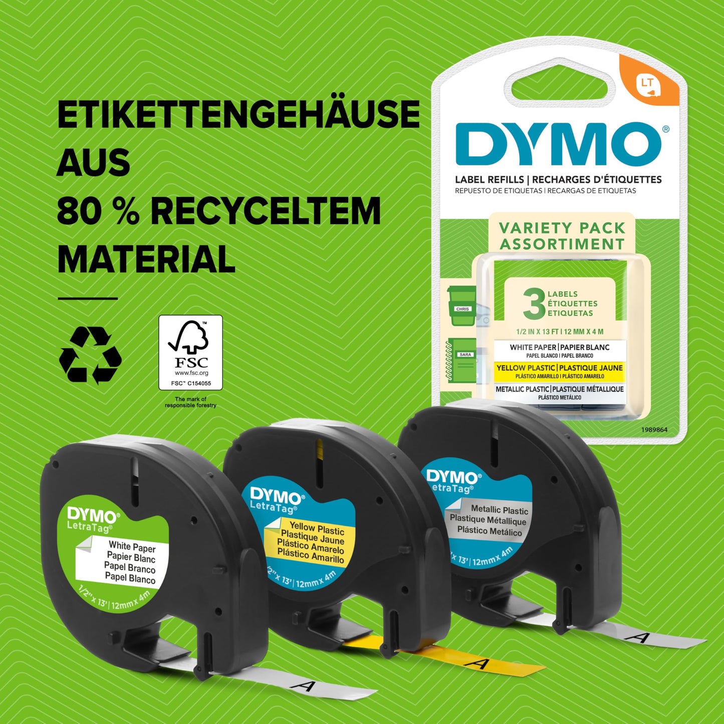 DYMO Original LetraTag Etikettenband: Schwarz auf Weiß (12x4m) | Selbstklebend