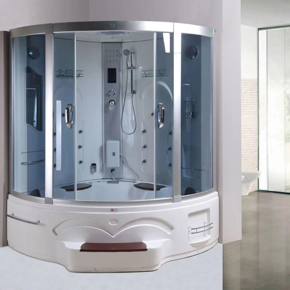 Steam shower & whirlpool 'Los Angeles' (150x150cm): 9 massage jets, aromatherapy, LED, touch