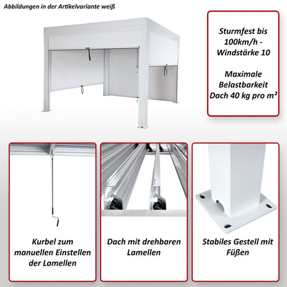 Pergola (HWC-L46) Garten-Lamellen-Pavillon mit Seitenwand-Rollo (3x4m): Sturmfest, Alugestell