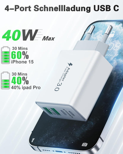 USB-C Ladegerät (40W) 4-Ports Schnellladegerät für iPhone, iPad, Samsung und mehr
