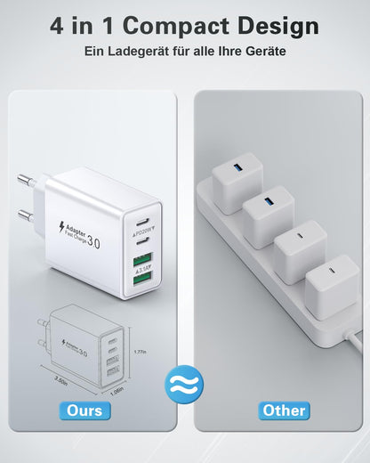 USB-C Ladegerät (40W) 4-Ports Schnellladegerät für iPhone, iPad, Samsung und mehr