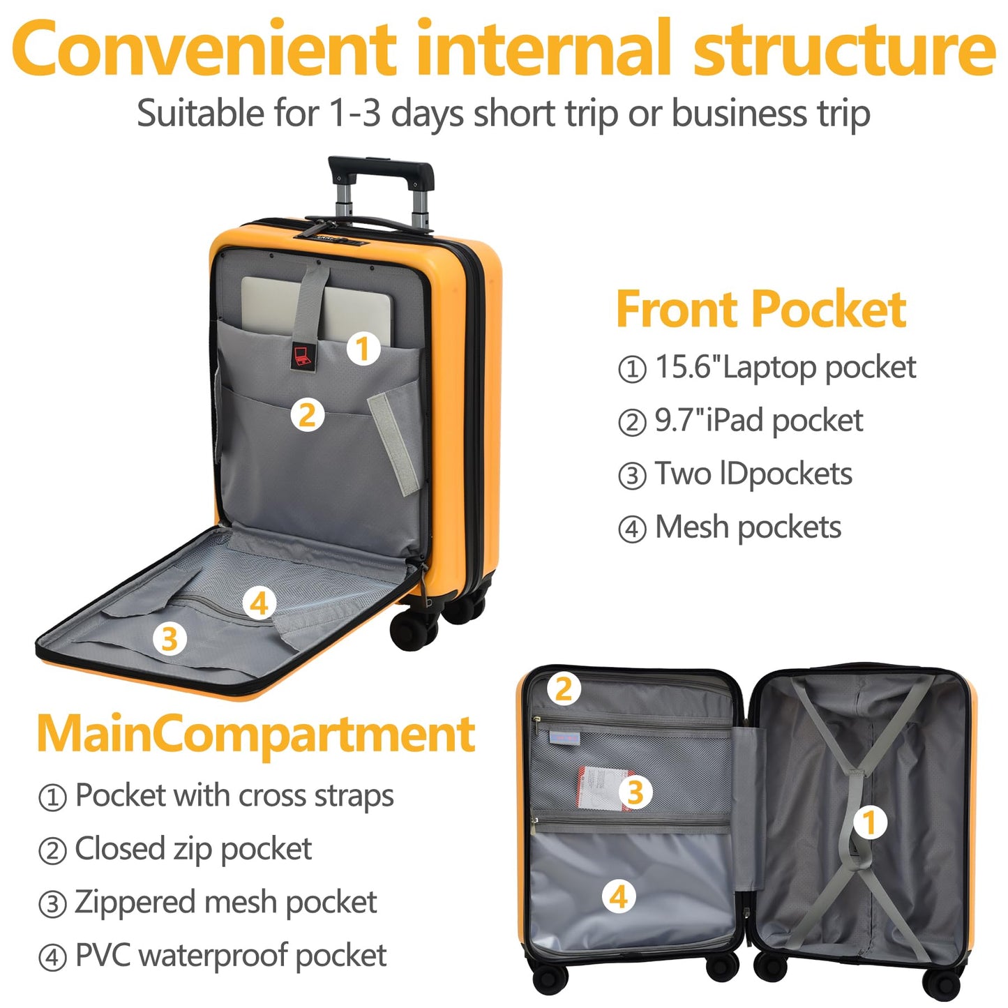 TYDECKARE hard-shell travel suitcase set (2 pieces) with front opening, TSA lock | Orange