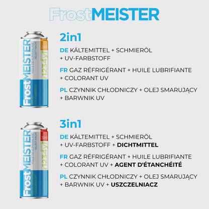 FrostMEISTER 3-in-1 car air conditioning refill kit for R134a (2x 400ml cans &amp; hose with pressure gauge)