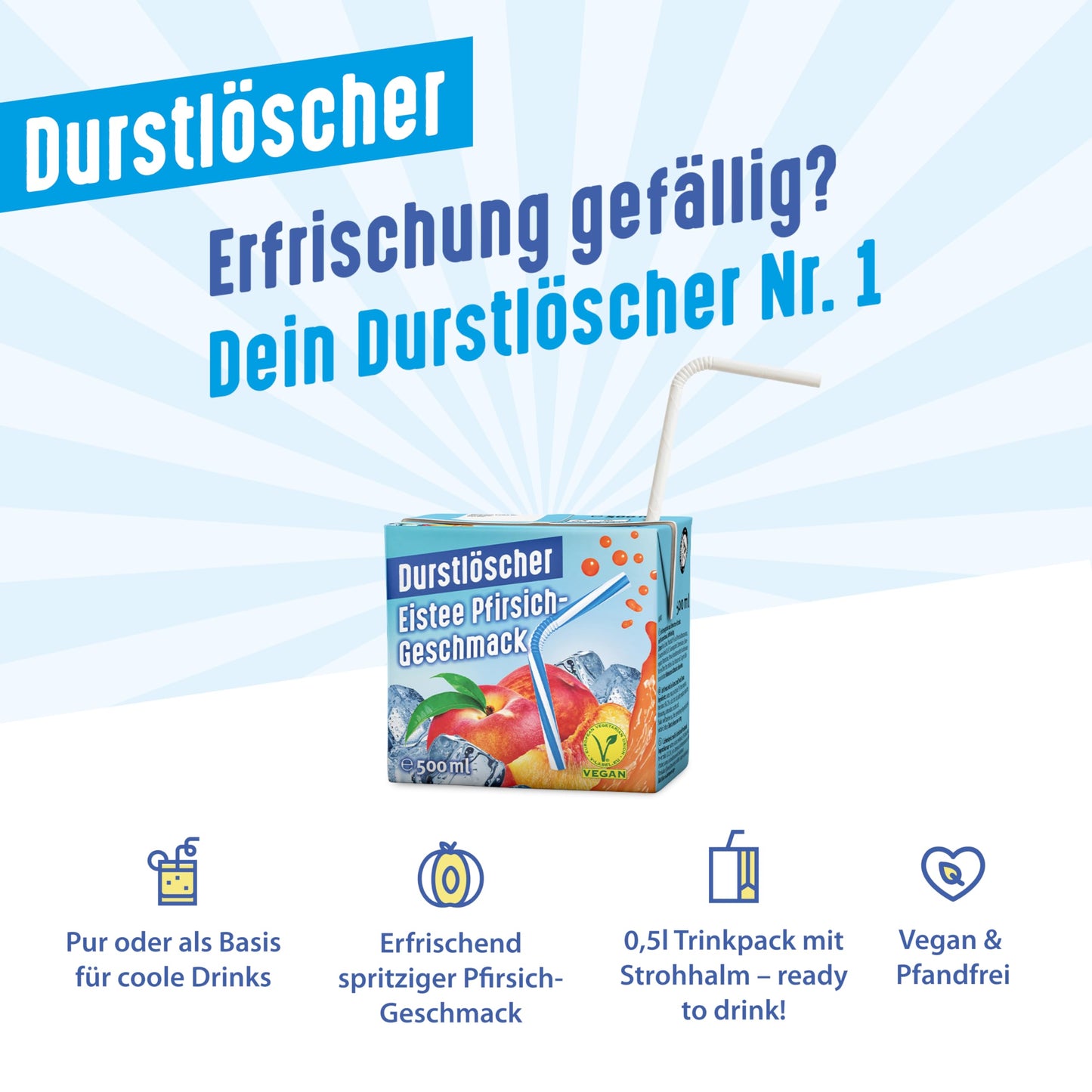 Durstlöscher Eistee (Pfirsich) 24x 500ml: Pfandfreies Trinkpäckchen, Vegan
