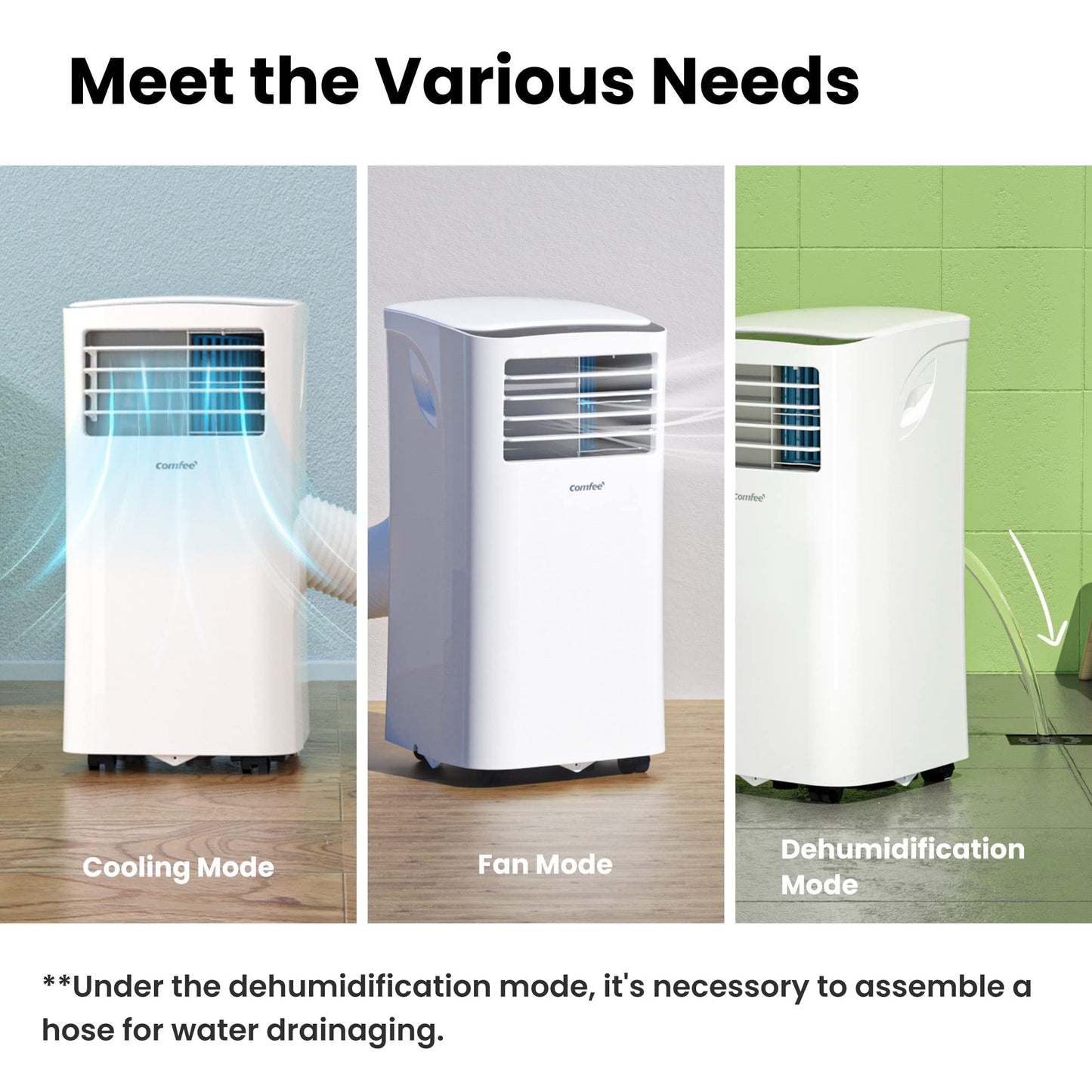 Comfee 3-in-1 Portable Air Conditioner (MPPH-09CRN7) with Exhaust Hose: 9000 BTU - 2.6kW