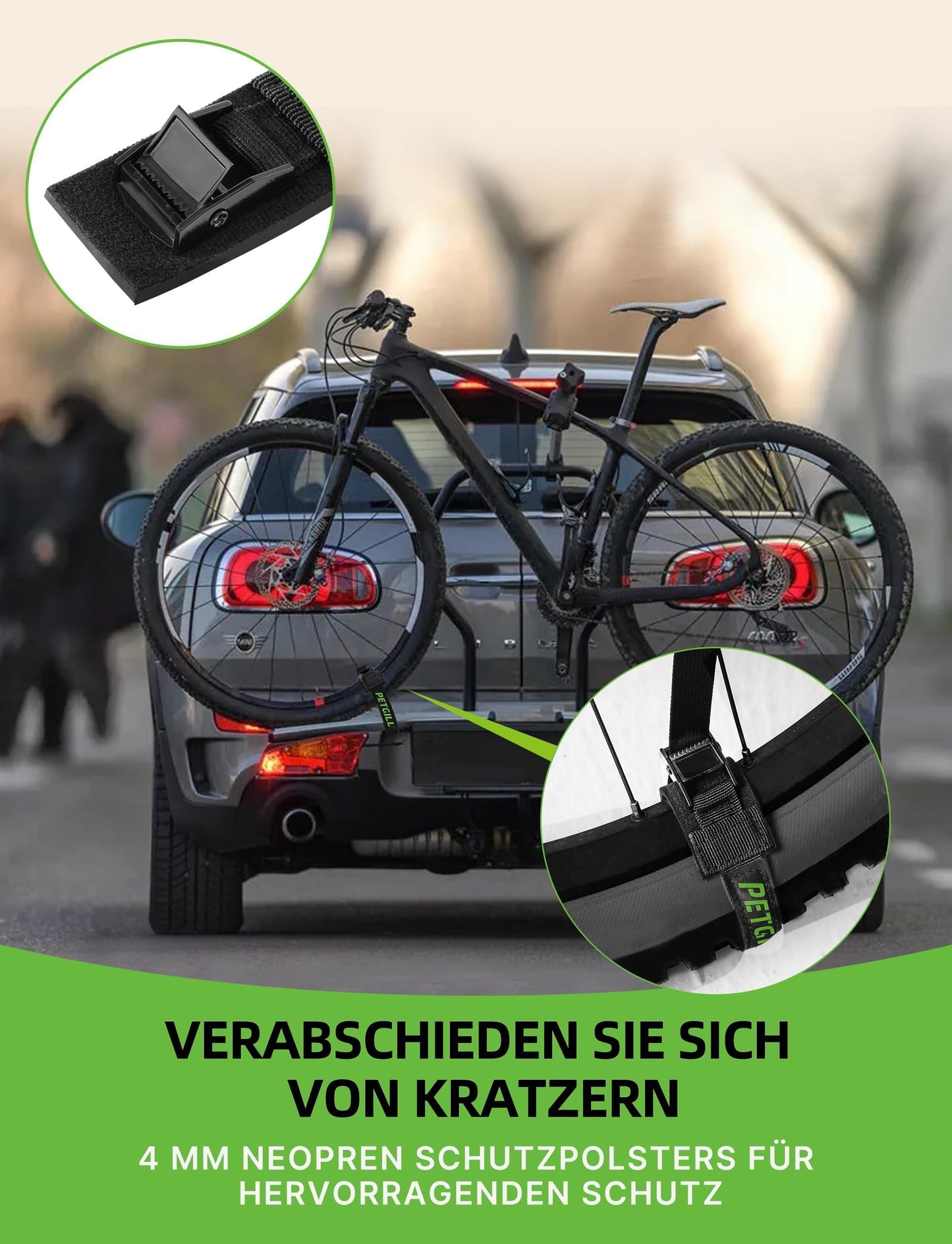 4x tensioning straps with padding for all bike racks (40cmx20mm): 200kg load capacity for roof racks