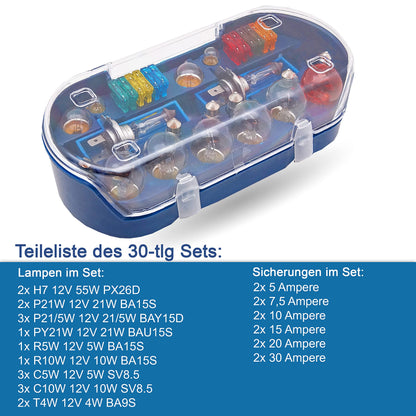 bemiX car replacement bulb set H7 30-piece with car fuses in storage box