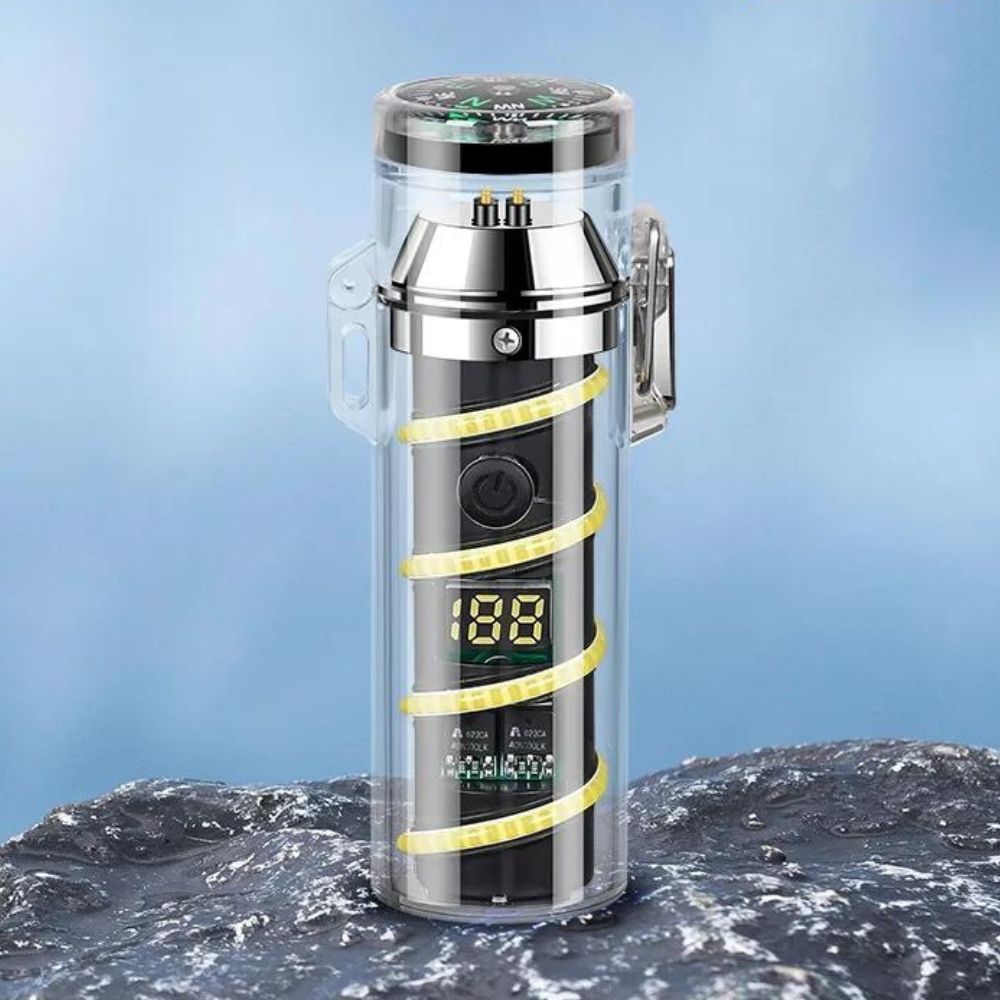 USB-Wiederaufladbares Feuerzeug mit LED-Taschenlampe, Kompass und Winddichtem Lichtbogen - Schwarz