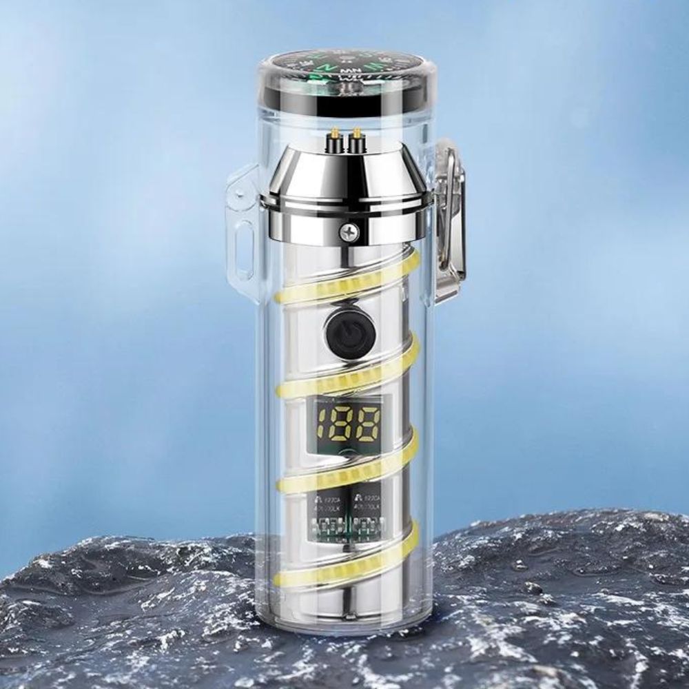USB-Wiederaufladbares Feuerzeug mit LED-Taschenlampe, Kompass und Winddichtem Lichtbogen - Silber