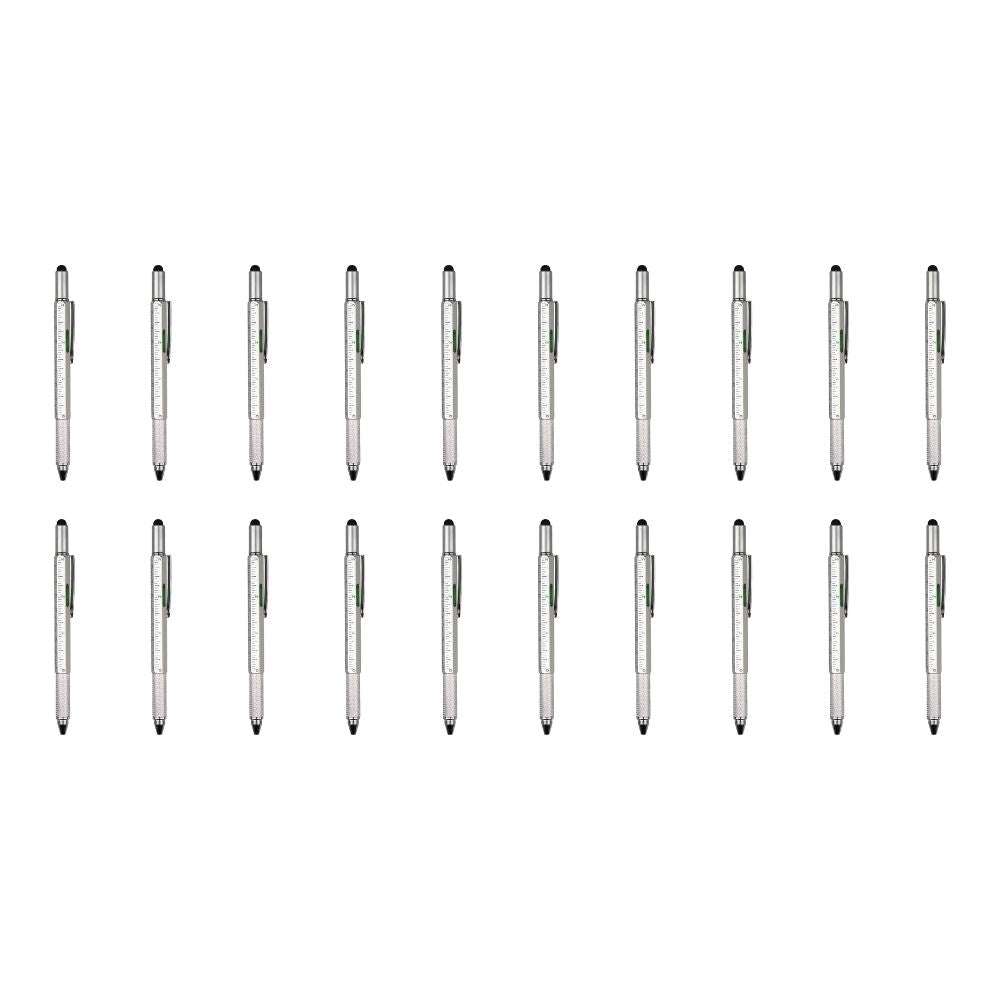 6-in-1 Multifunktionsstift: Stylus-Touch Pen, Schraubendreher (Schlitz + Kreuzschlitz), Lineal, Wasserwaage, Kugelschreiber (20 Stück) Silber